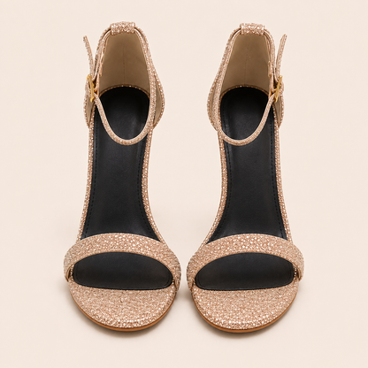 CHAMPAGNE GOLD GLITTER ANKLE STRAP HEELS