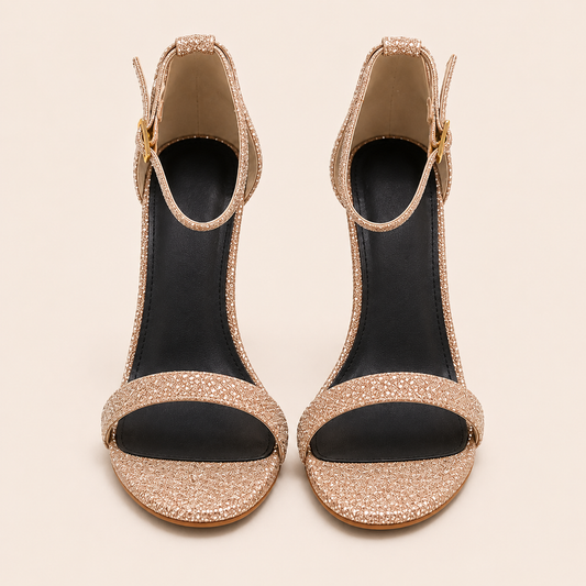 CHAMPAGNE GOLD GLITTER ANKLE STRAP HEELS