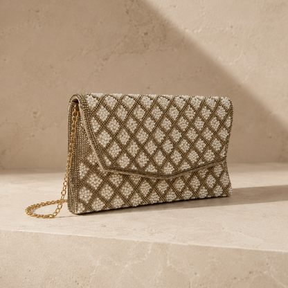 Pearl Diamante Pearl Clutch- Gold/Silver