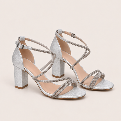 LEA- Diamanté Block Heel Sandals Silver