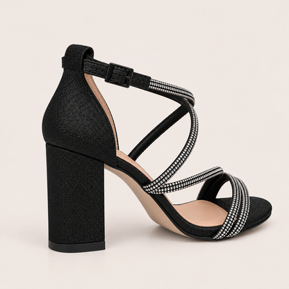 LEA- Diamanté Block Heel Sandals Black