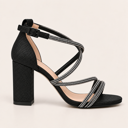 LEA- Diamanté Block Heel Sandals Black
