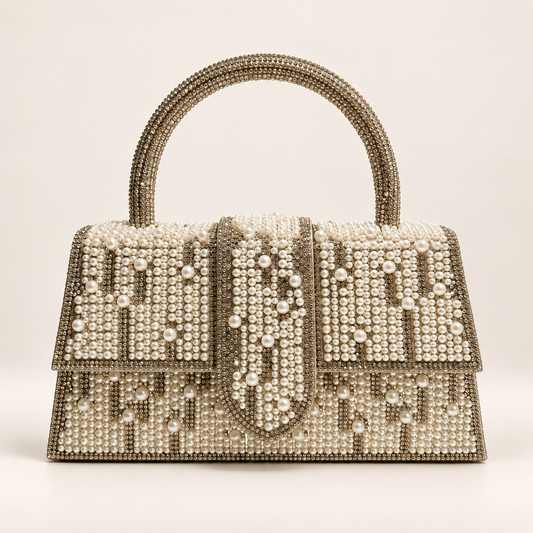 NIA- Pearl Diamante Top Handle Clutch Bag Gold