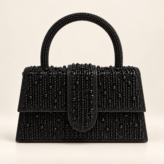 NIA- Pearl Diamante Top Handle Clutch Bag Black