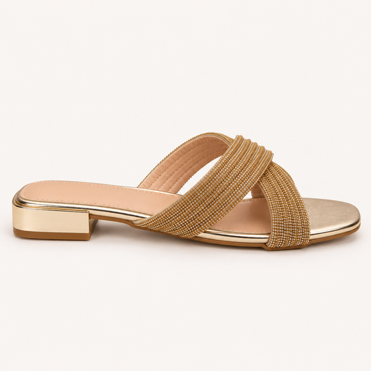 CIA- Flat Diamante Crossover Sandal Gold