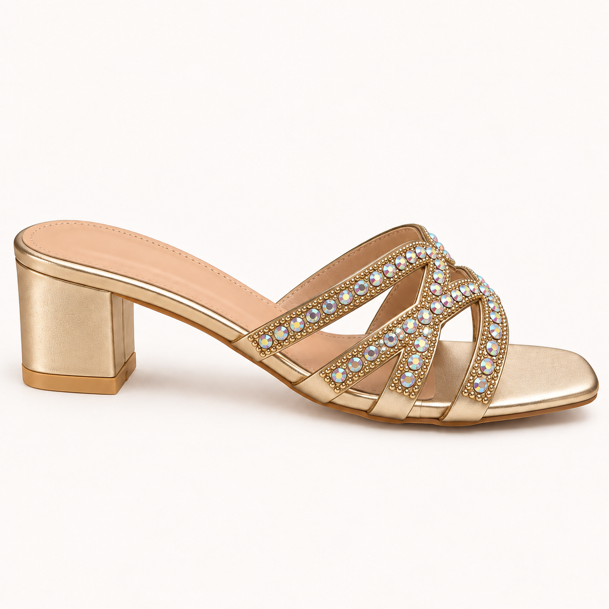 YIA- Diamante Low Block Heel Mule Sandals Gold