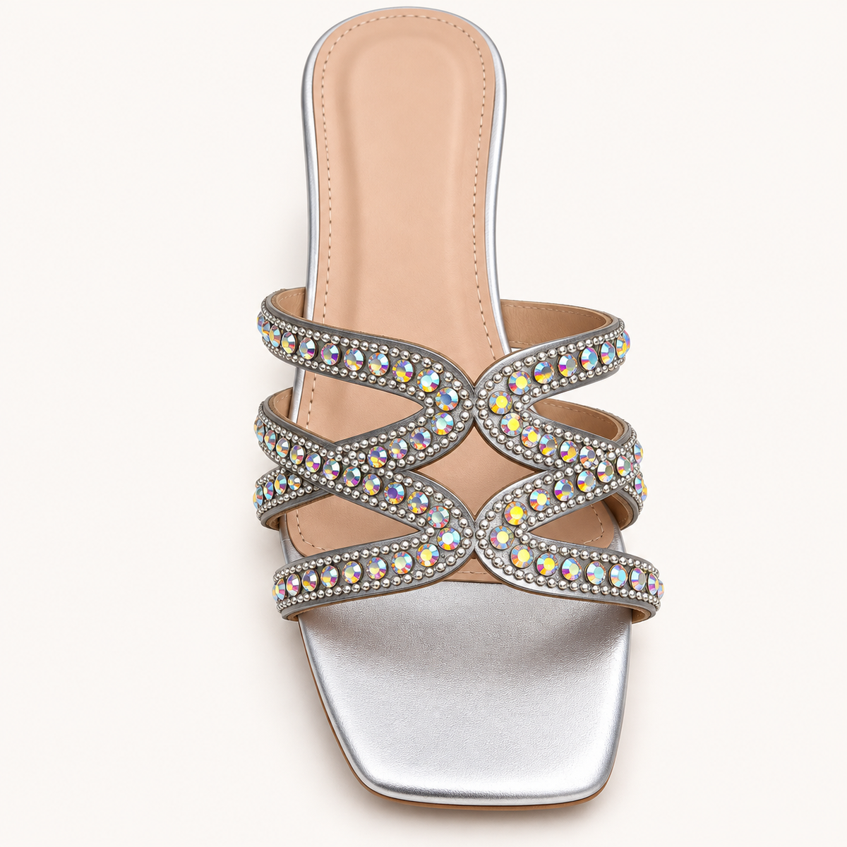YIA- Diamante Low Block Heel Mule Sandals Silver