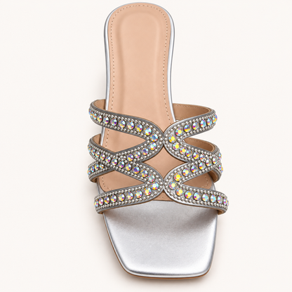 YIA- Diamante Low Block Heel Mule Sandals Silver