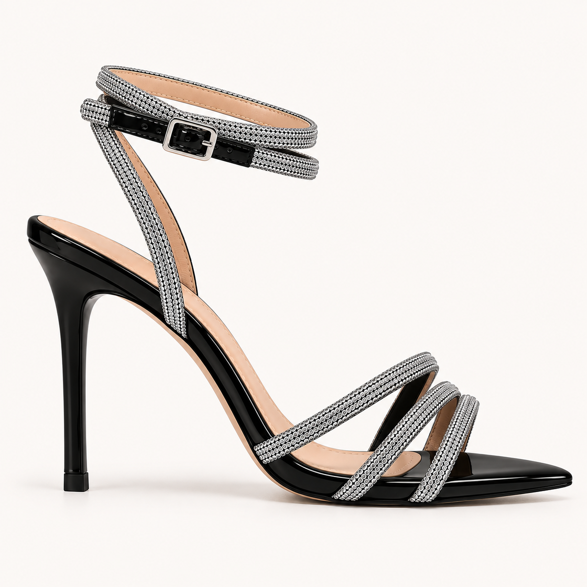 BIA- Open Pointed Toe Diamante Ankle Strap Heel Black