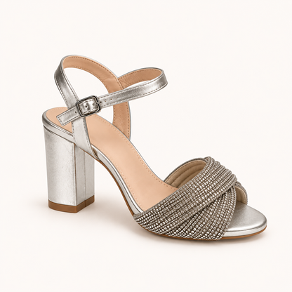 FIA- Block Heel Ankle Strap Sandal Silver