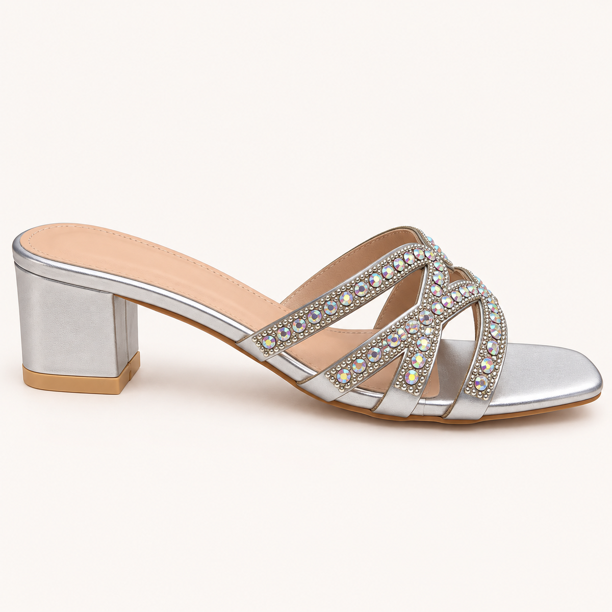 YIA- Diamante Low Block Heel Mule Sandals Gold