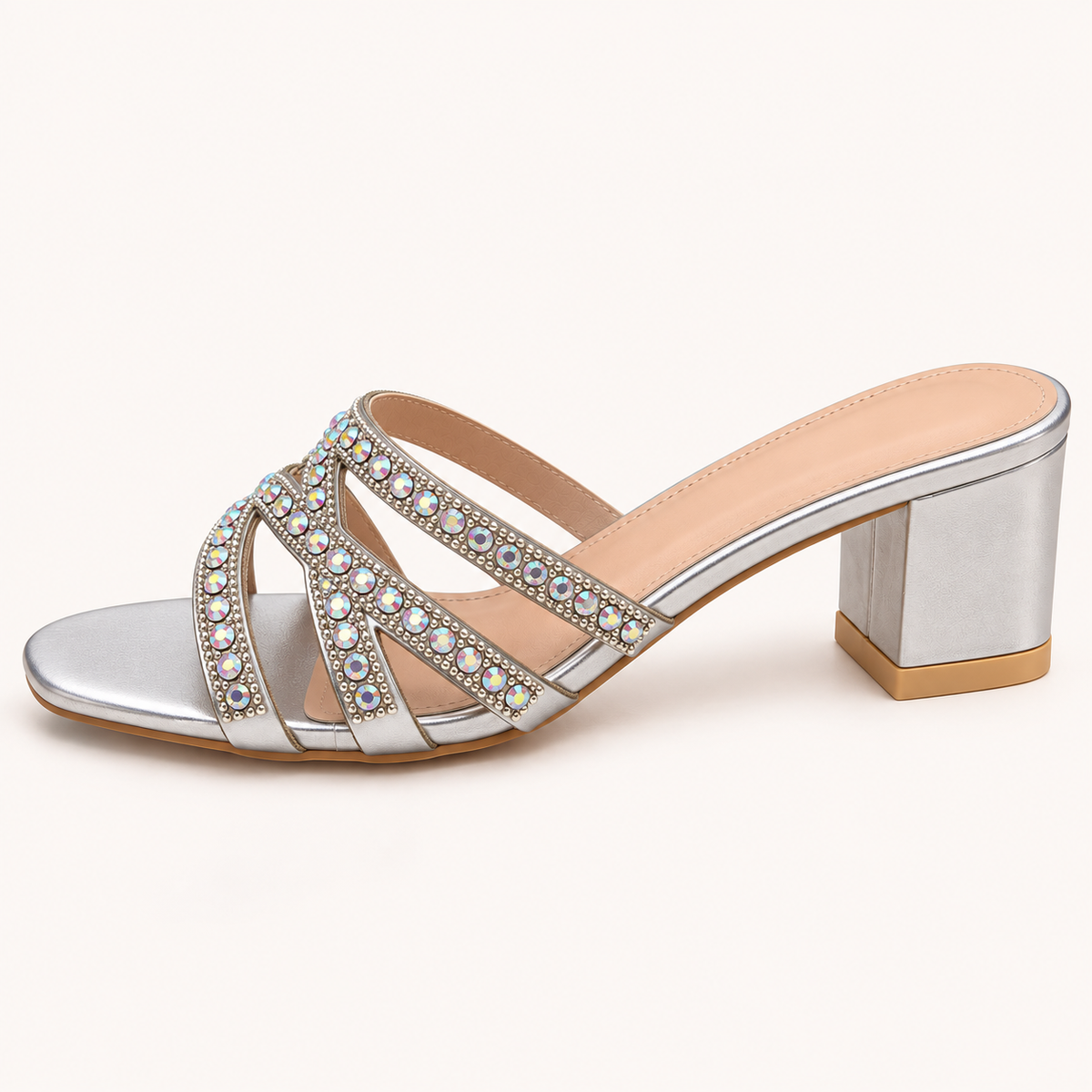 YIA- Diamante Low Block Heel Mule Sandals Silver