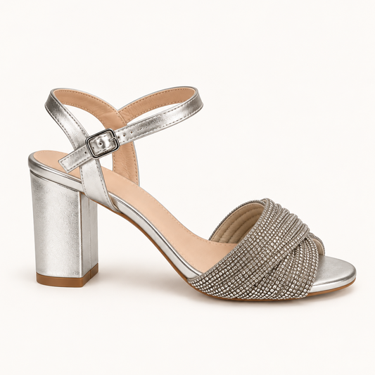 FIA- Block Heel Ankle Strap Sandal Silver