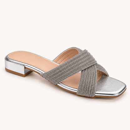 CIA- Flat Diamante Crossover Sandal Silver