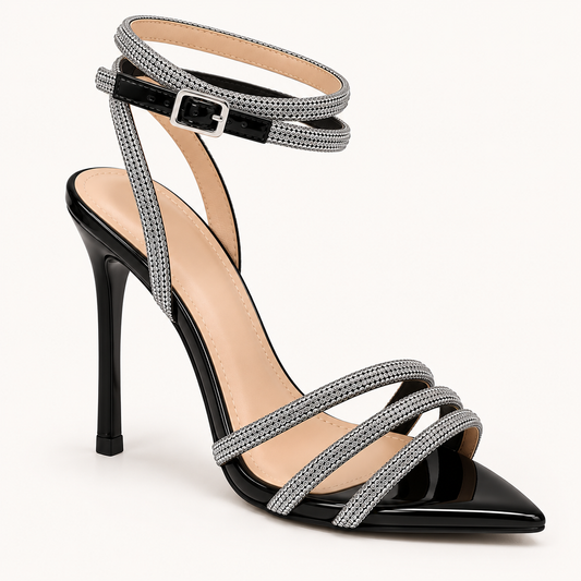 BIA- Open Pointed Toe Diamante Ankle Strap Heel Black