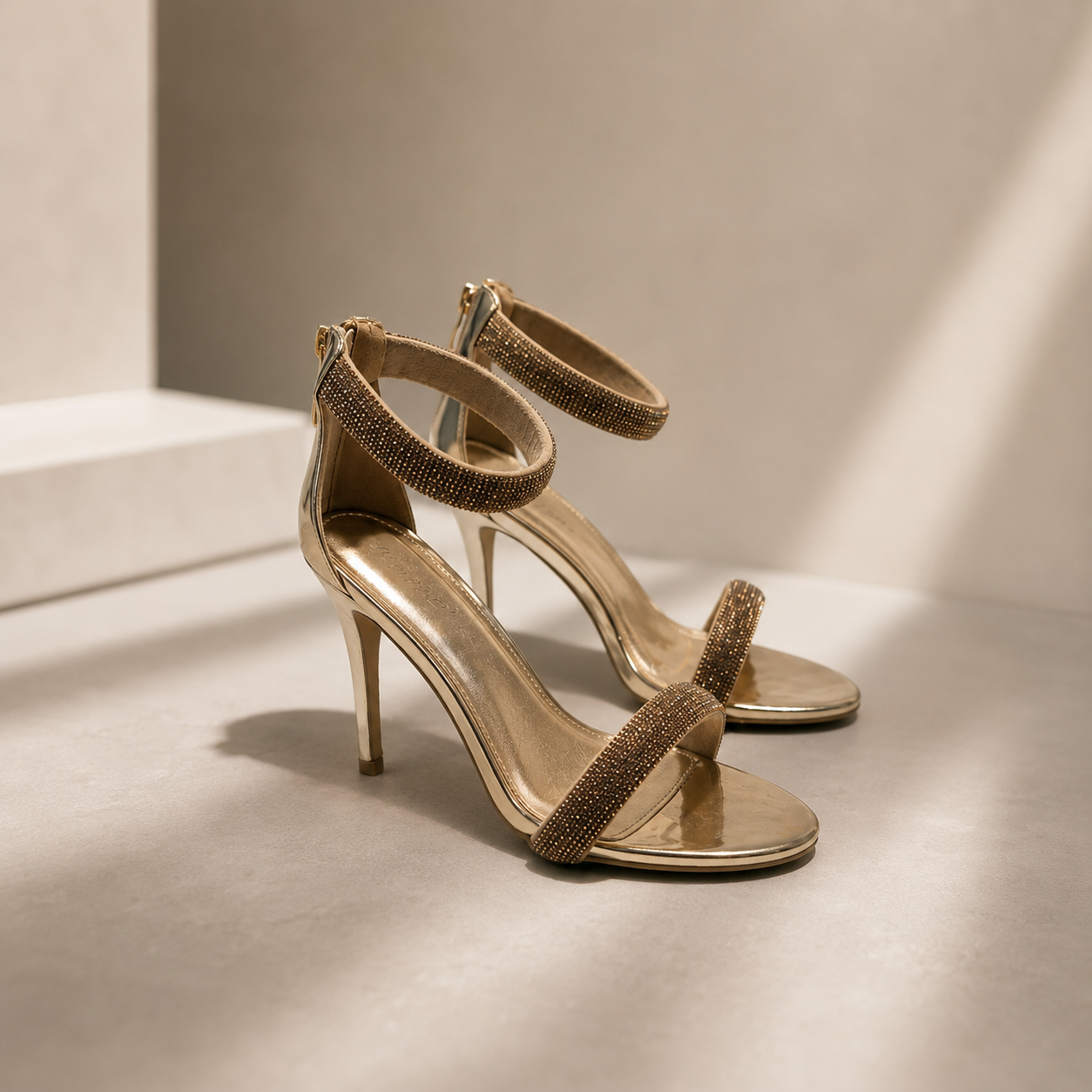 Halo Diamante Ankle Strap Heels Gold & Rose Gold