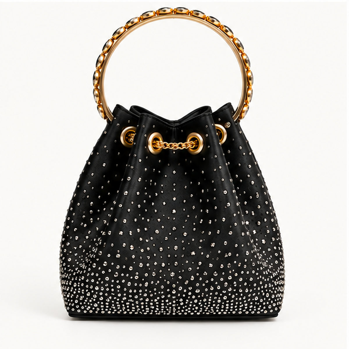 LUXE- Diamanté Crystal Bucket Bag with Jewelled Handle Black