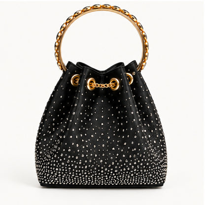 LUXE- Diamanté Crystal Bucket Bag with Jewelled Handle Black