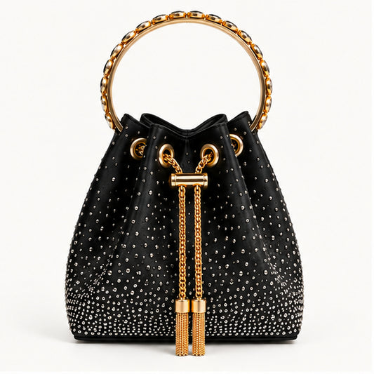 LUXE- Diamanté Crystal Bucket Bag with Jewelled Handle Black