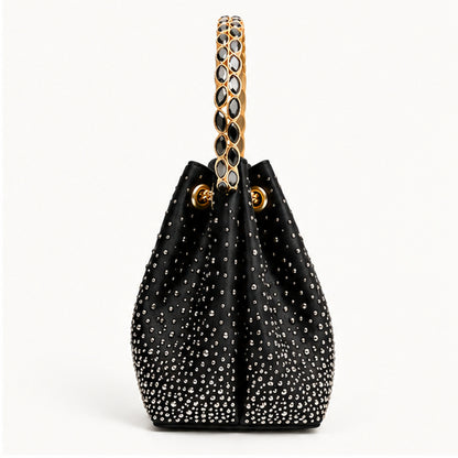 LUXE- Diamanté Crystal Bucket Bag with Jewelled Handle Black