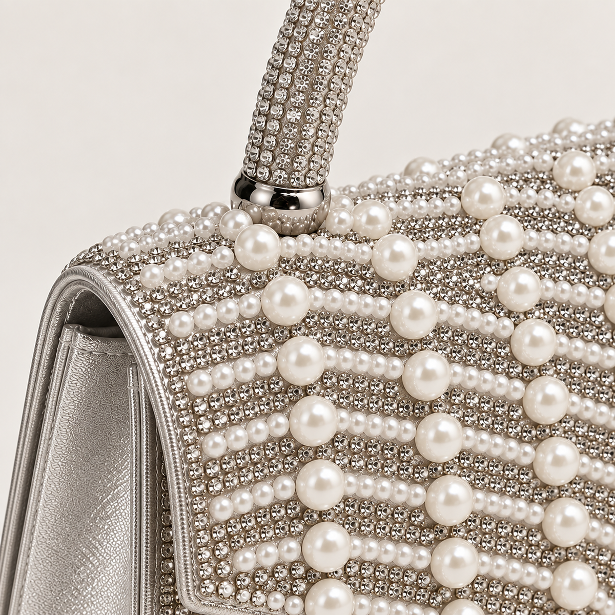 LEA- Pearl Diamante Handle Top Clutch Silver