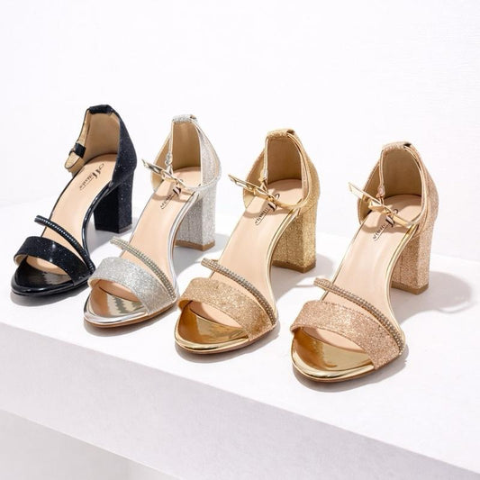 Glitter Block Heel Strappy Heels Diamanté