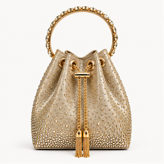 LUXE- Diamanté Crystal Bucket Bag with Jewelled Handle Gold
