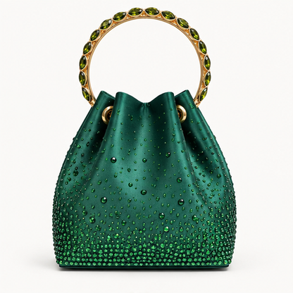 LUXE- Diamanté Crystal Bucket Bag with Jewelled Handle Green