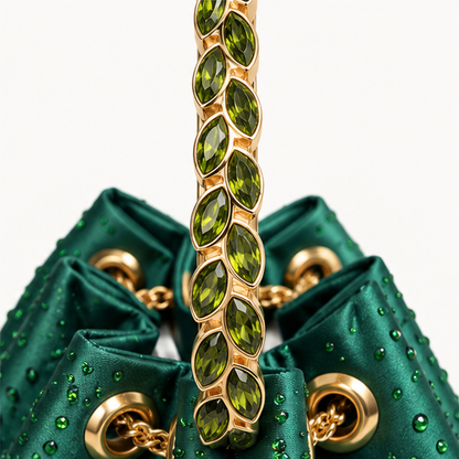 LUXE- Diamanté Crystal Bucket Bag with Jewelled Handle Green