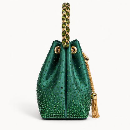 LUXE- Diamanté Crystal Bucket Bag with Jewelled Handle Green