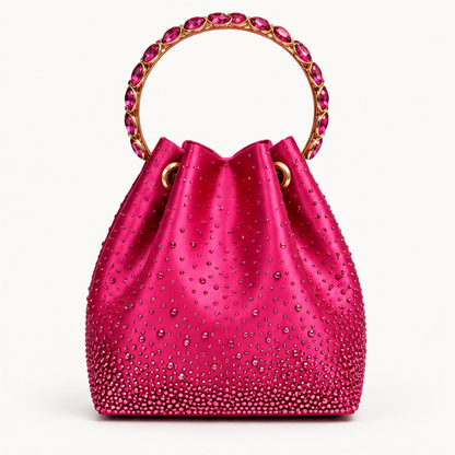 LUXE- Diamanté Crystal Bucket Bag with Jewelled Handle Fuchsia
