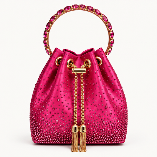 LUXE- Diamanté Crystal Bucket Bag with Jewelled Handle Fuchsia