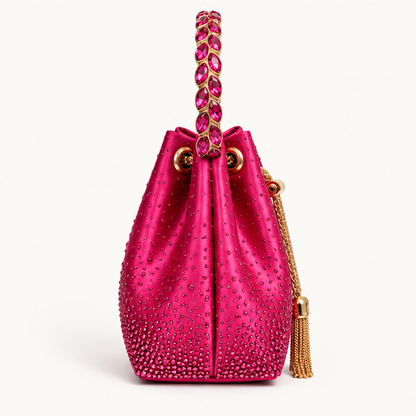 LUXE- Diamanté Crystal Bucket Bag with Jewelled Handle Fuchsia