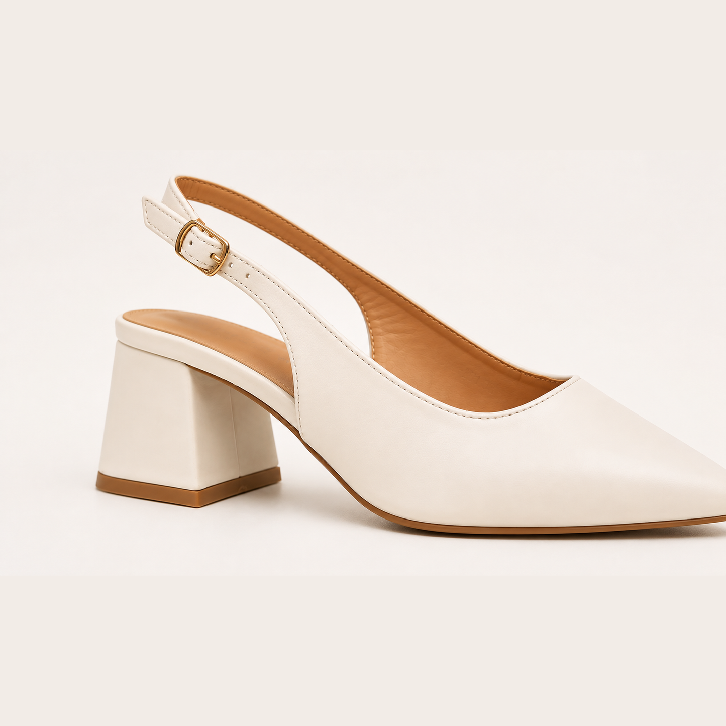 RIA- Block Cube Heel Pointy Toe Sling Back- White